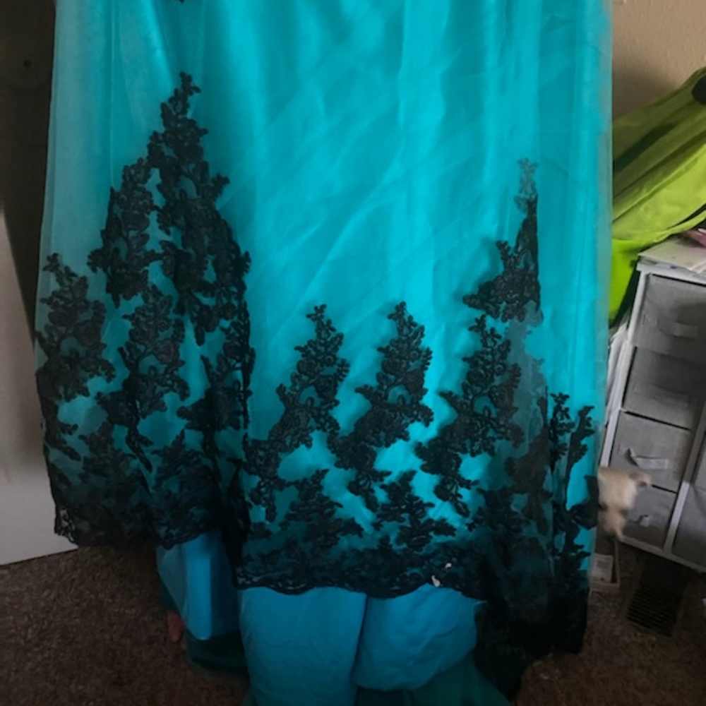 Teal and black wedding dress